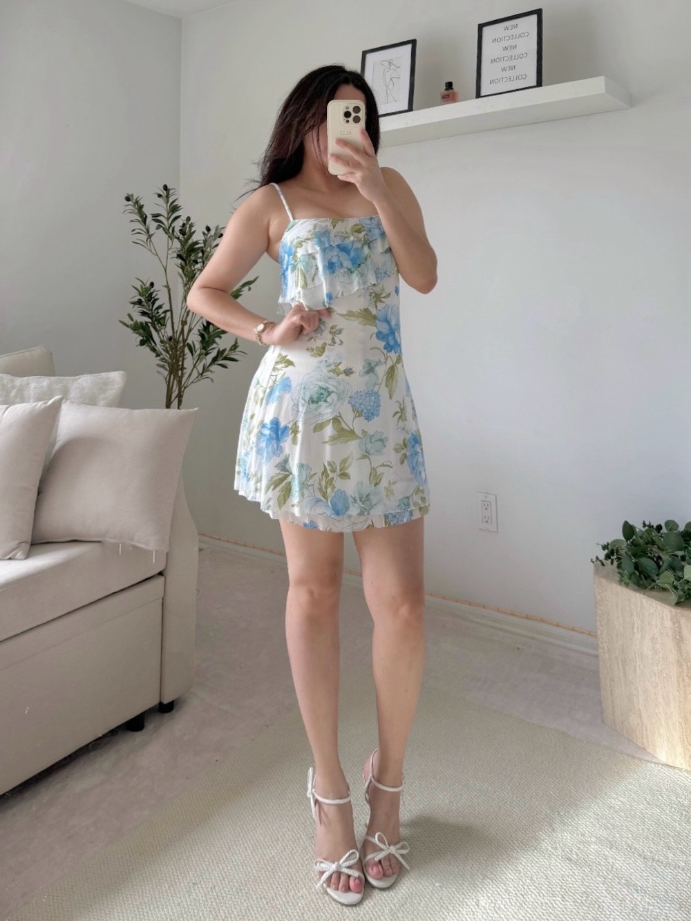 Blue Floral Mini Dress with Ruffle Bodice